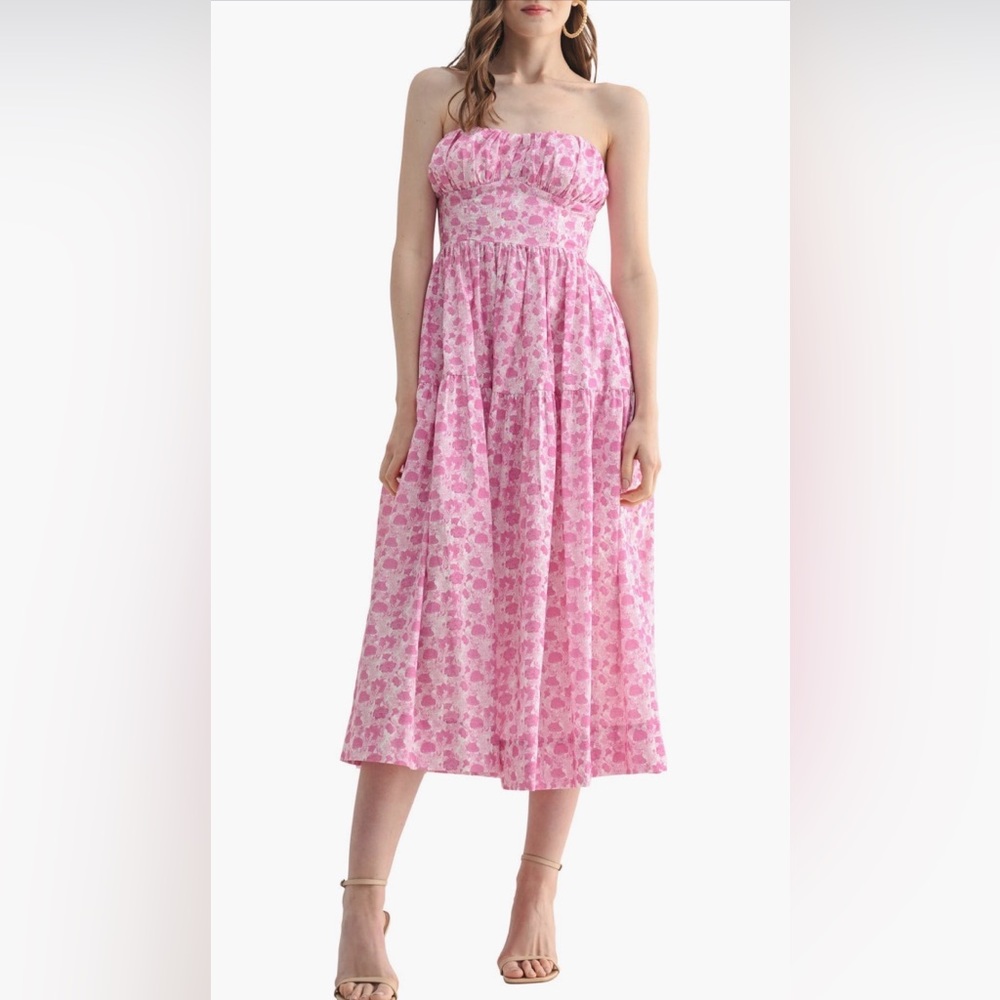 Lush Pink Floral Strapless Corset Midi Dress